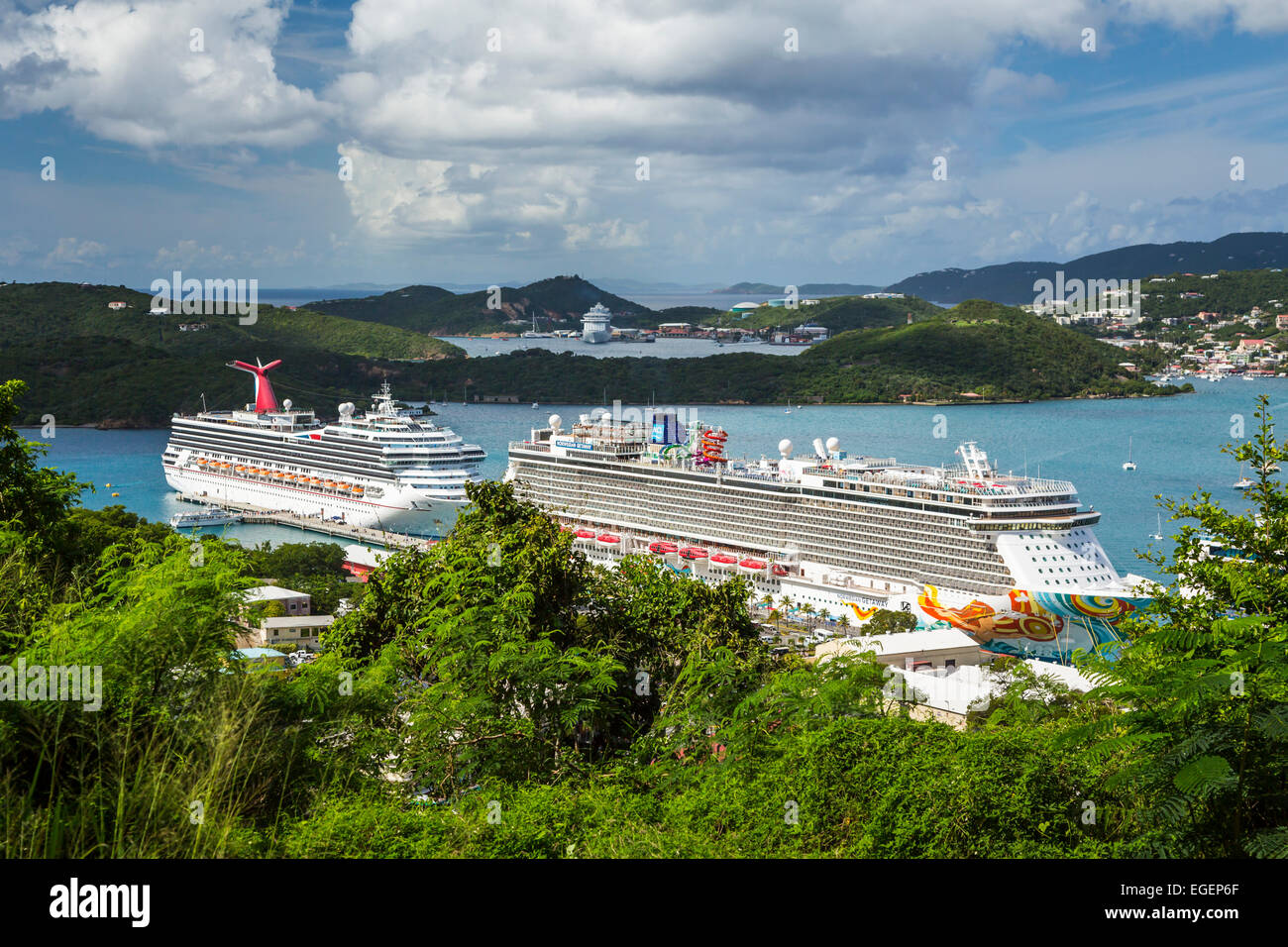 Cruise ships docked at the Havensight Pier in Charlotte Amalie, St. Thomas, US Virgin Islands, Caribbean. Stock Photo