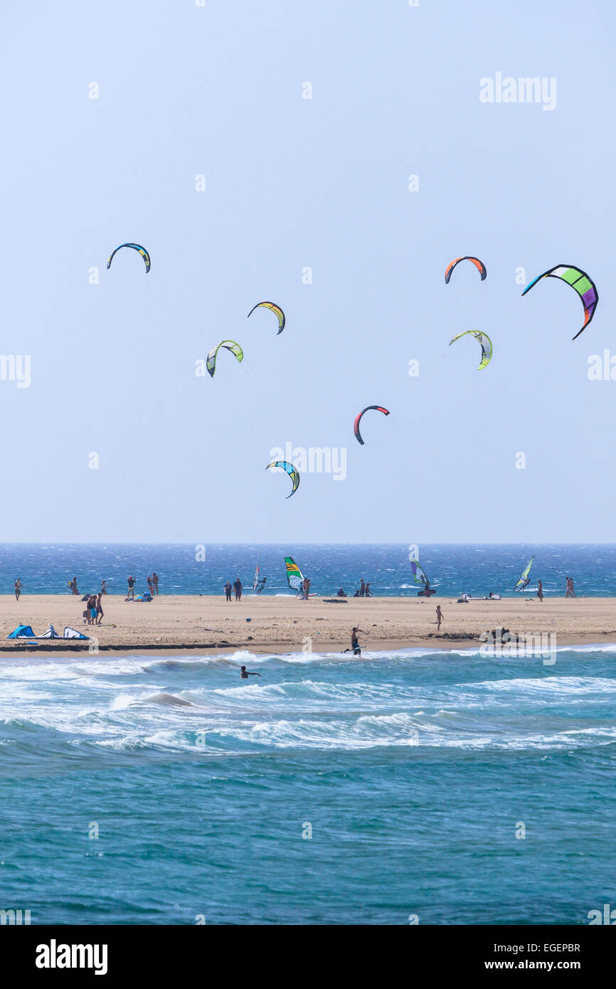 Kitesurfers, kitesurfing beach, Prasonisi, Rhodes, Dodecanese Islands, South Aegean, Greece Stock Photo