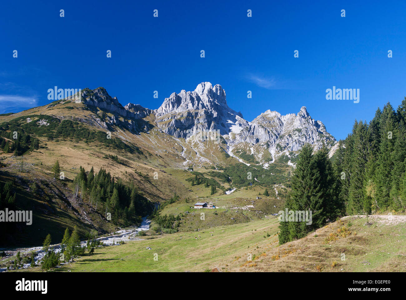 Aualm alp with Mt Bischofsmütze, Gosaukamm ridge, Dachstein Massif ...