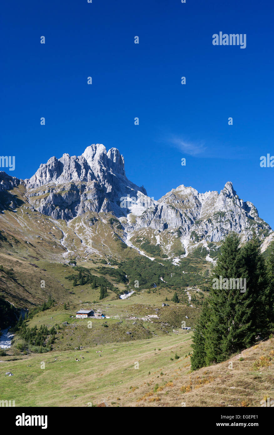 Aualm alp with Mt Bischofsmütze, Gosaukamm ridge, Dachstein Massif ...