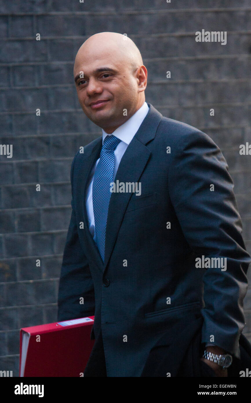 London, UK. 24th February, 2015. Ministers arrive at the weekly cabinet meeting at 10 Downing Street. PICTURED: Secretary of State for Culture, Media and Sport Sajid Javid Credit:  Paul Davey/Alamy Live News Stock Photo