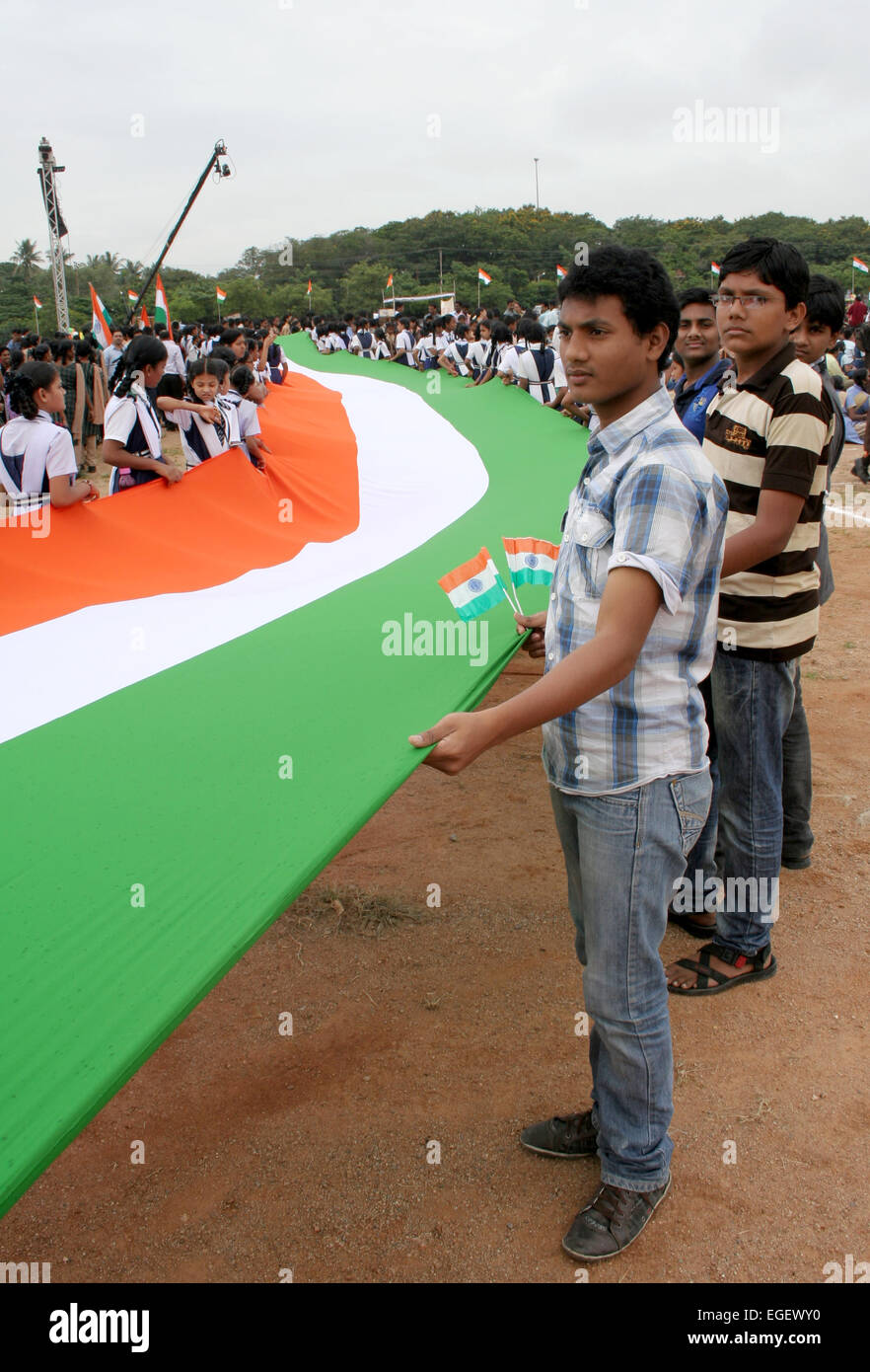 Indian School Children assemble with a long National flag at NTR Stadium in Hyderabad,India on Tuesday August 28,2012. Stock Photo
