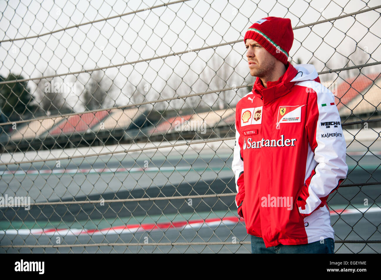 Former world champion Sebastian Vettel (GER), Scuderia Ferrari, at the sideline of the race track Circuit de Catalunya. Stock Photo
