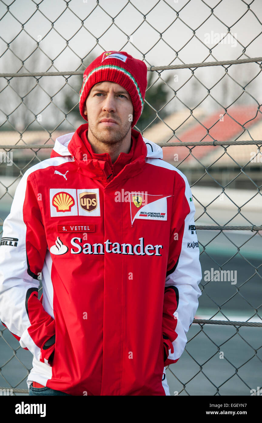Former world champion Sebastian Vettel (GER), Scuderia Ferrari, at the sideline of the race track Circuit de Catalunya. Stock Photo