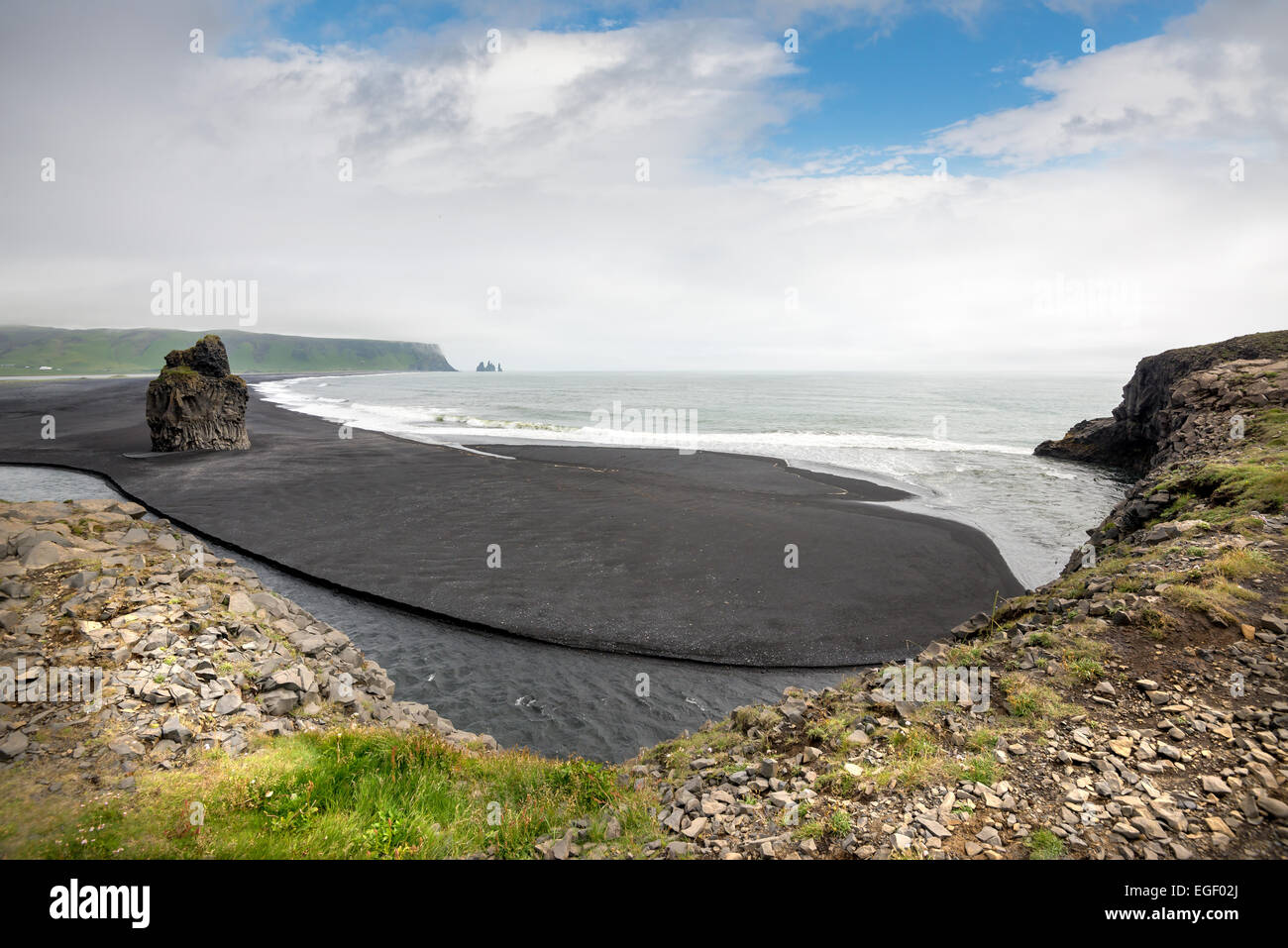 Beautiful view from Dyrholavegur, of black volcanic sand beach in Vik ...