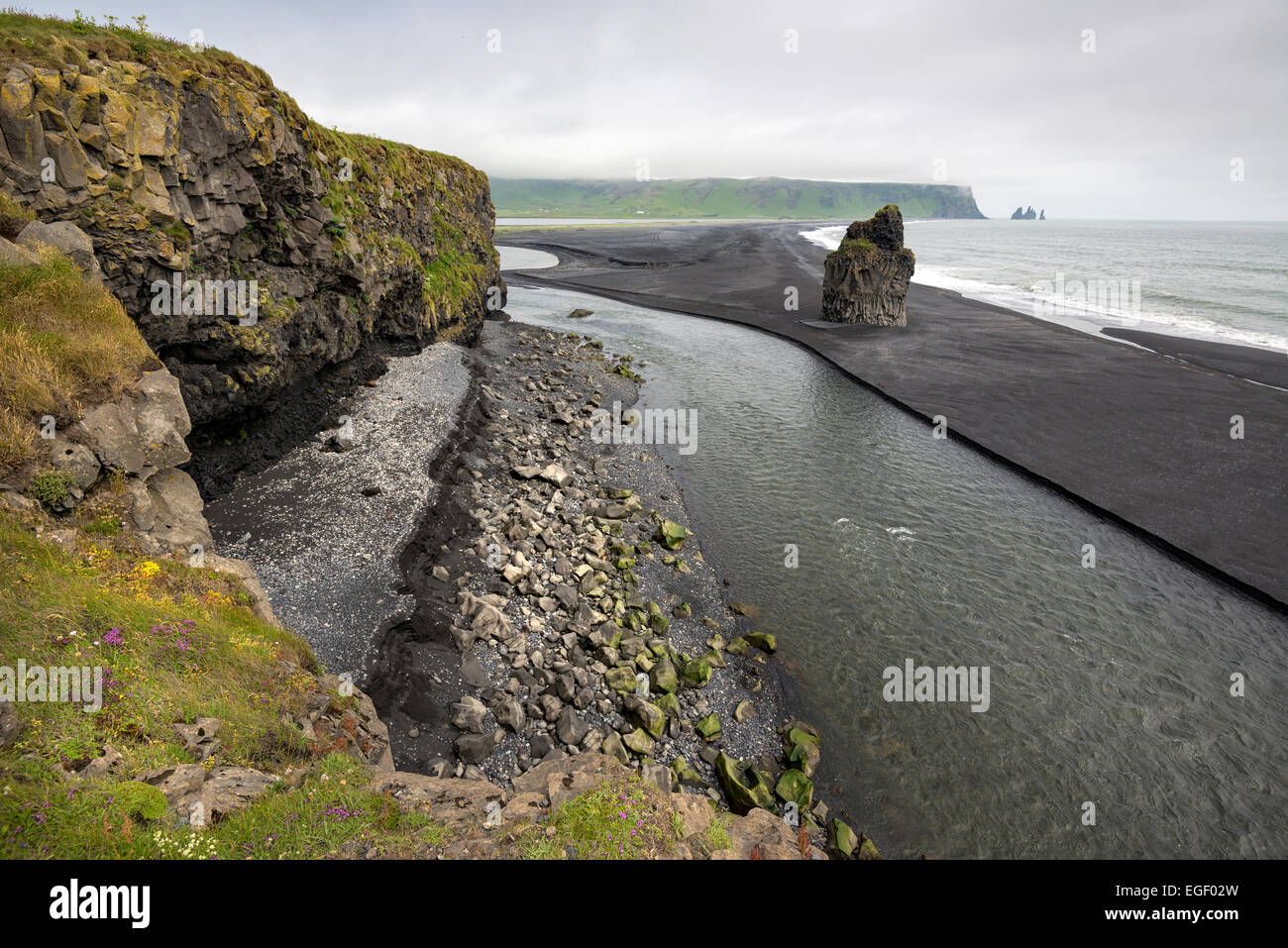 Beautiful view from Dyrholavegur, of black volcanic sand beach in Vik ...