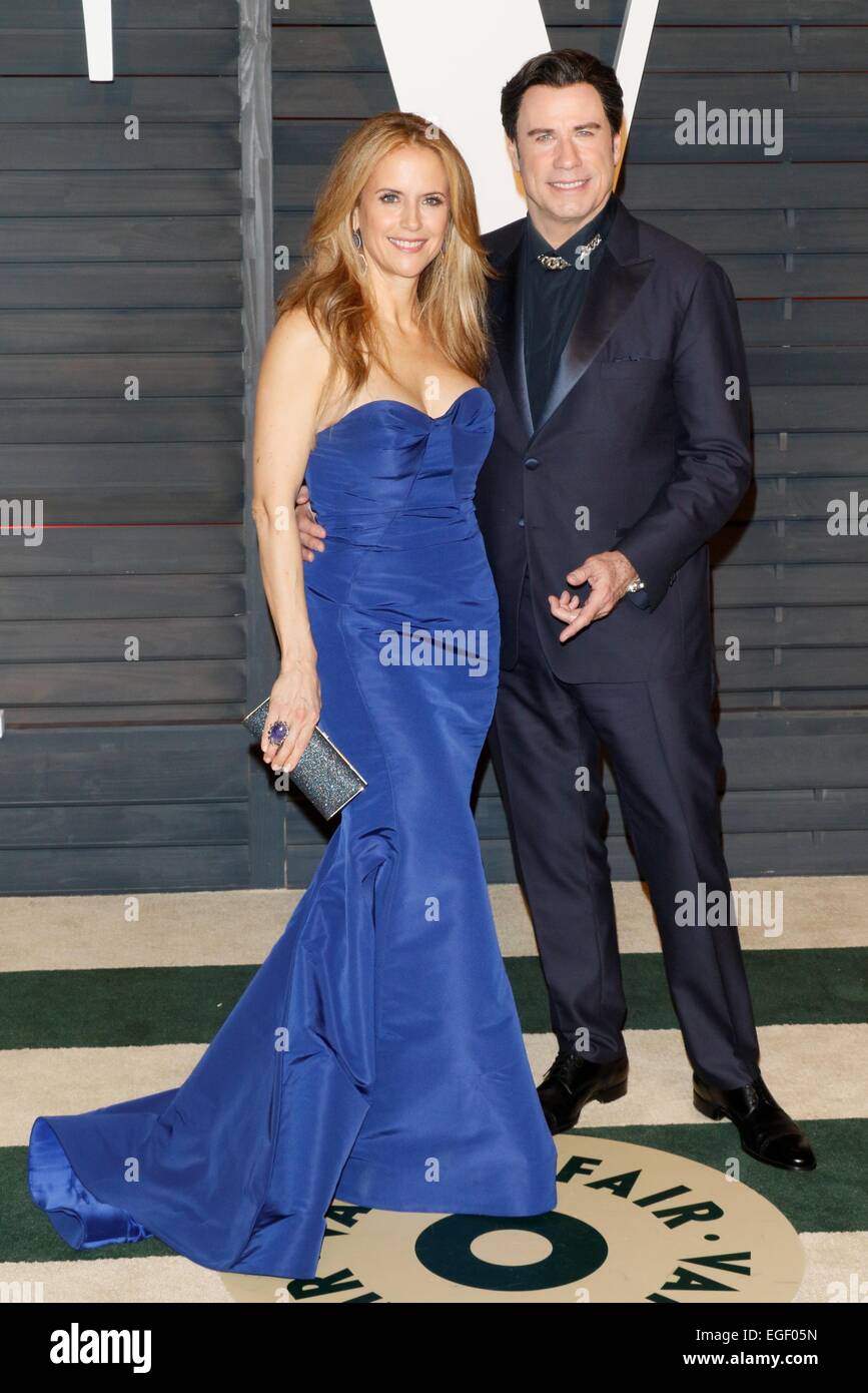 Actor John Travolta and his wife, Kelly Preston, attend the Vanity Fair Oscar Party at Wallis Annenberg Center for the Performing Arts in Beverly Hills, Los Angeles, USA, on 22 February 2015. Photo: Hubert Boesl /dpa - NO WIRE SERVICE - Stock Photo