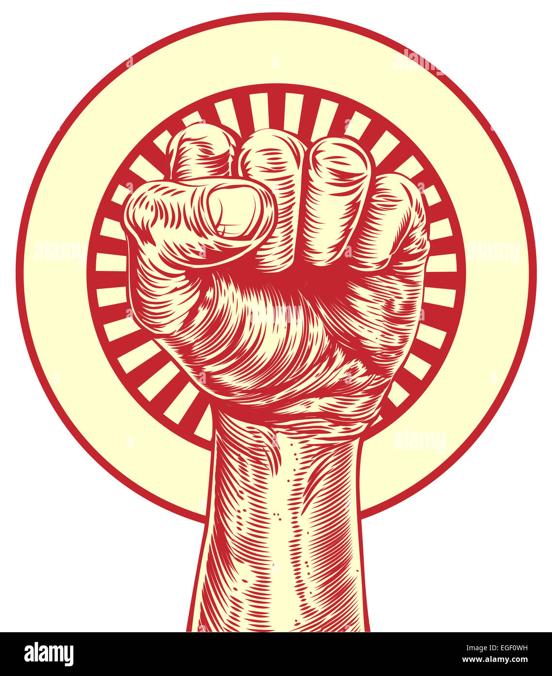 An original illustration of a fist held in the air in a vintage wood cut propaganda style Stock Photo