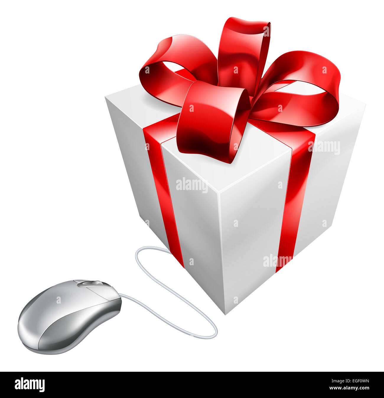 Present computer mouse online internet gift shopping concept of a computer mouse connected to a present. Could be concept for vo Stock Photo