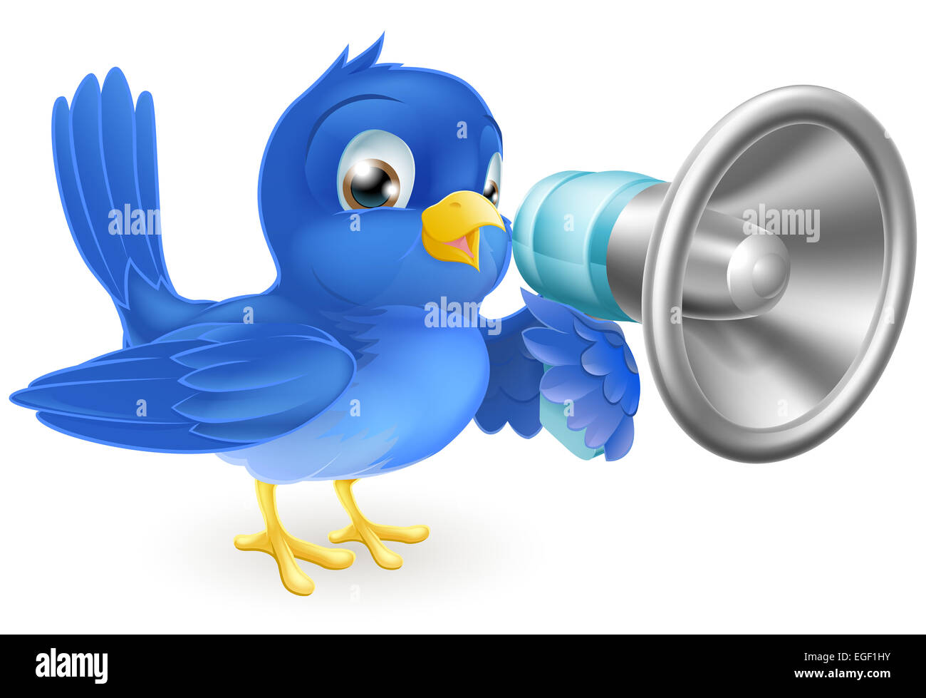 An illustration of a cartoon bluebird blue bird with a megaphone Stock Photo