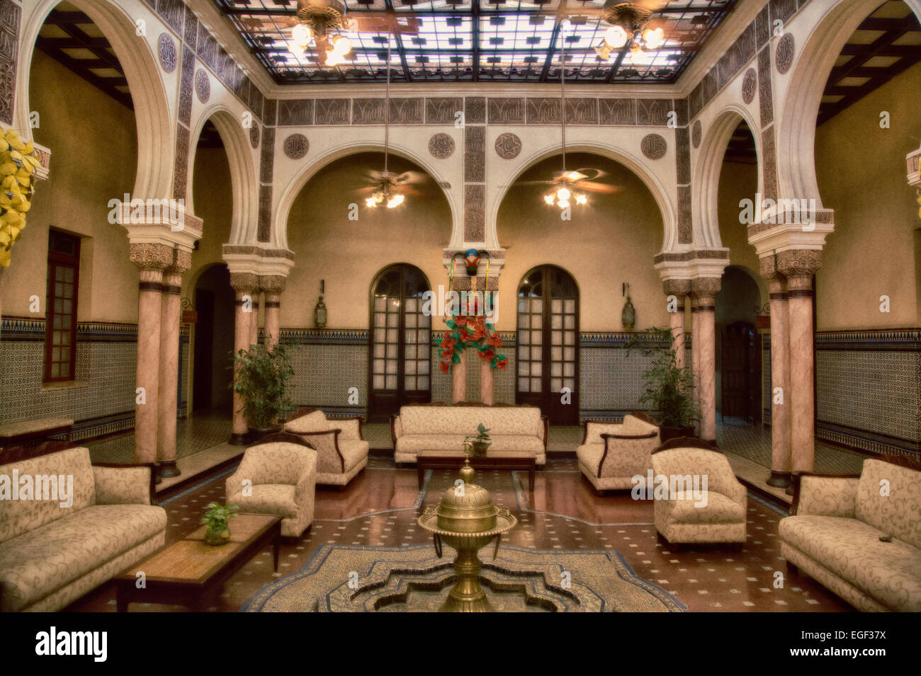 The interior of an old hotel in Baranquilla that was once a stately Middle Eastern Home. Stock Photo