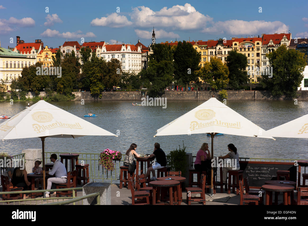 Al fresco dining on the Vltava River in central Prague. Stock Photo
