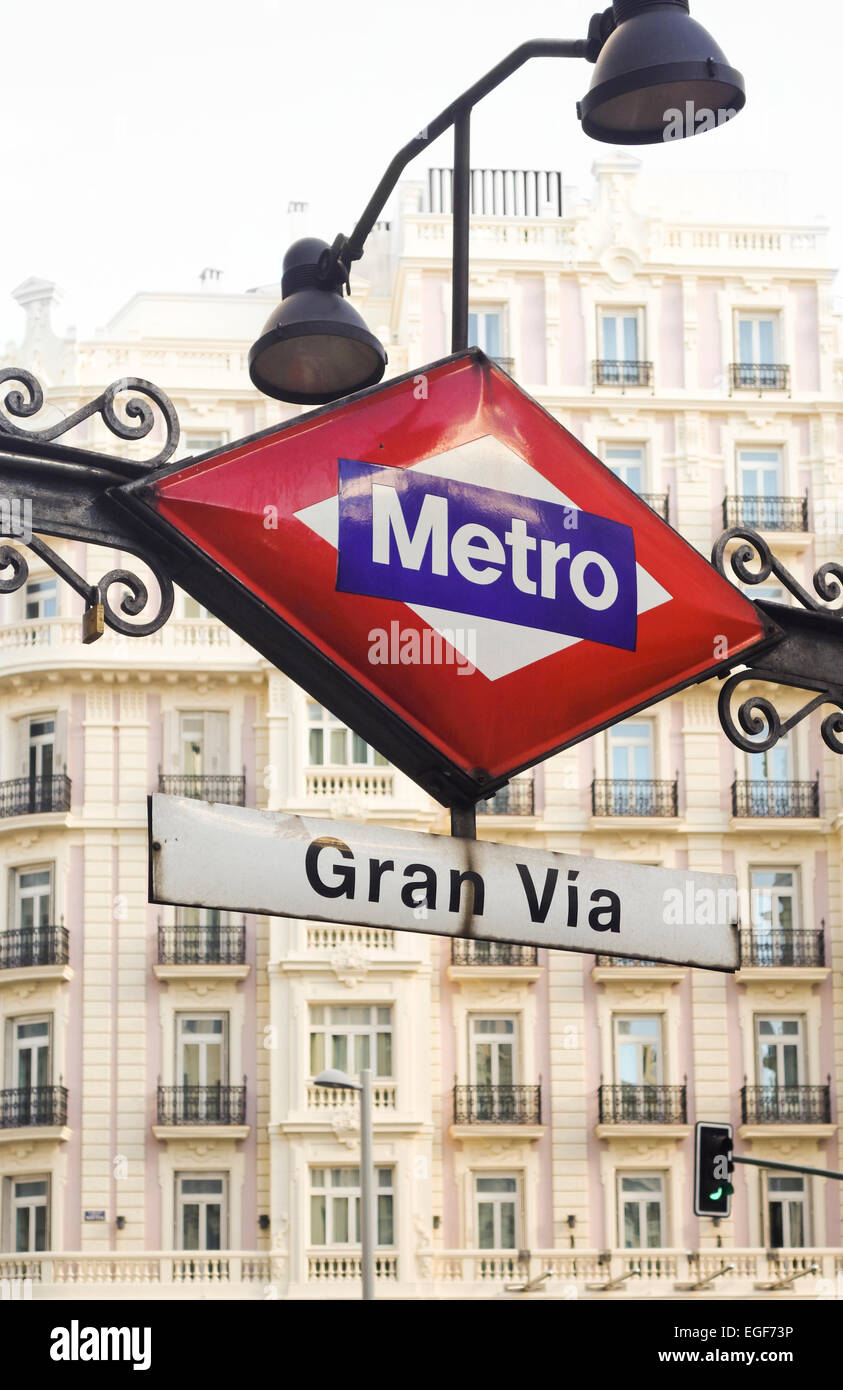 Vintage Metro sign at entrance Gran Via subway, Madrid, Spain. Stock Photo