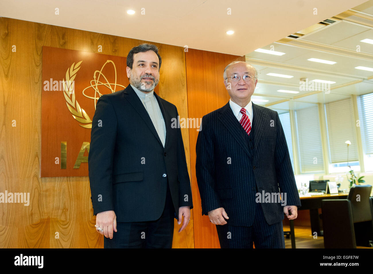 Vienna, Austria. 24th Feb, 2015. Yukiya Amano (R), director general of the International Atomic Energy Agency (IAEA), meets with senior Iranian nuclear negotiator Abbas Araqchi in Vienna, Austria, on Feb. 24, 2015. © Qian Yi/Xinhua/Alamy Live News Stock Photo