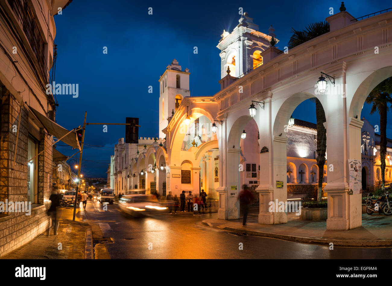 Iglesia de San Francisco at night, Sucre, Bolivia Stock Photo