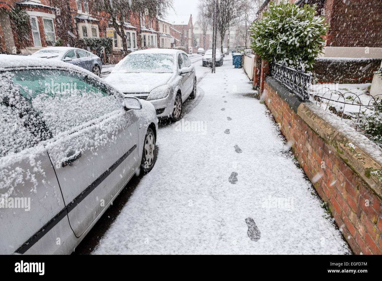 Winter Snow Falling On A Residential Street With A Set Of Footprints On