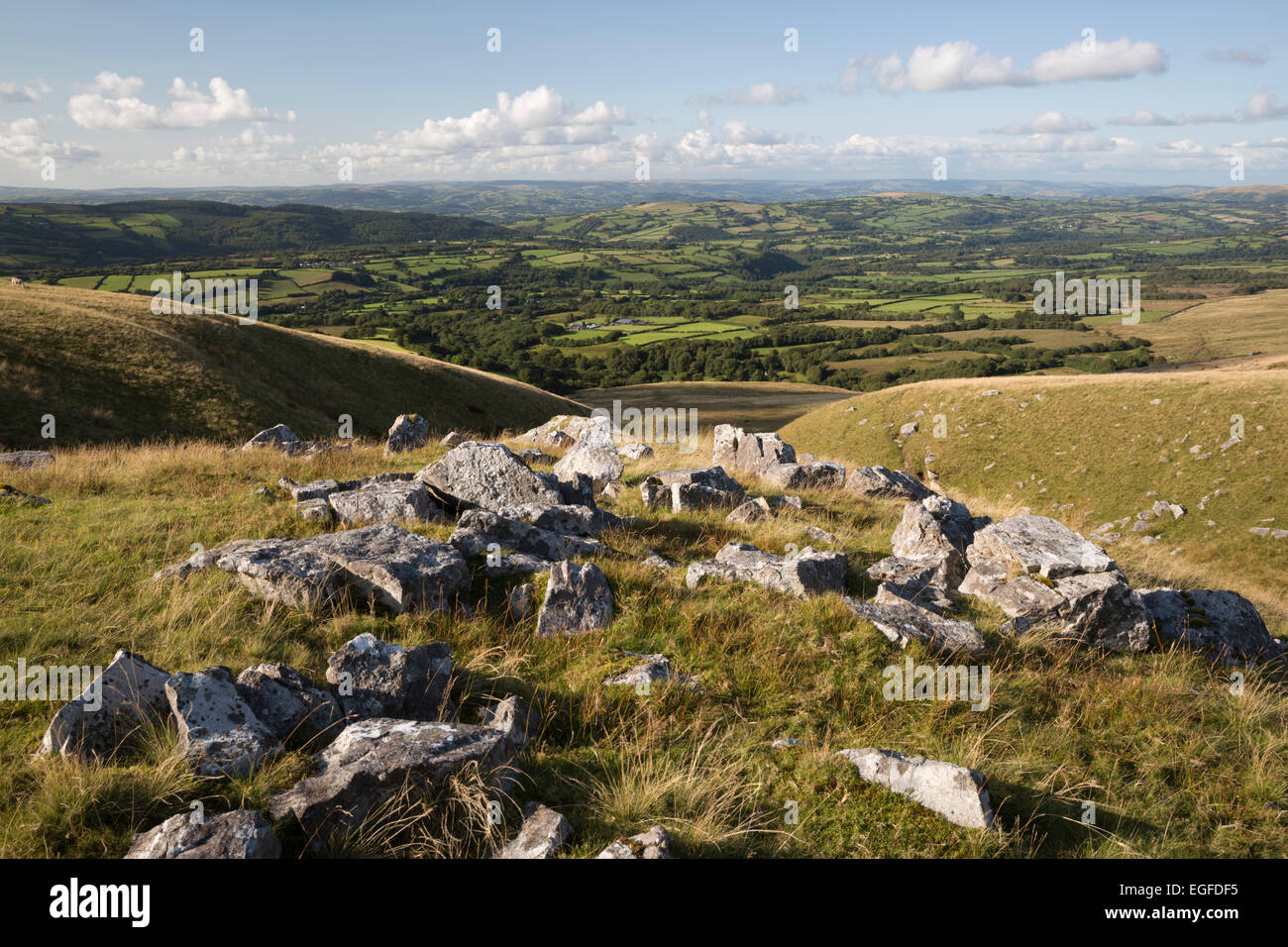 View from side of Black Mountain towards Capel Gwynfe, Brecon Beacons, Carmarthenshire, Wales, United Kingdom, Europe Stock Photo