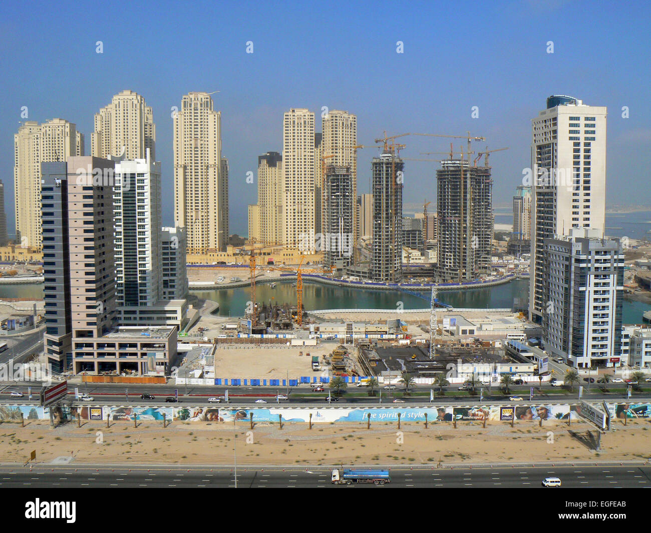 Aerial view of Dubai Marina under construction showing Sheikh Zayed Road and the Marina Stock Photo