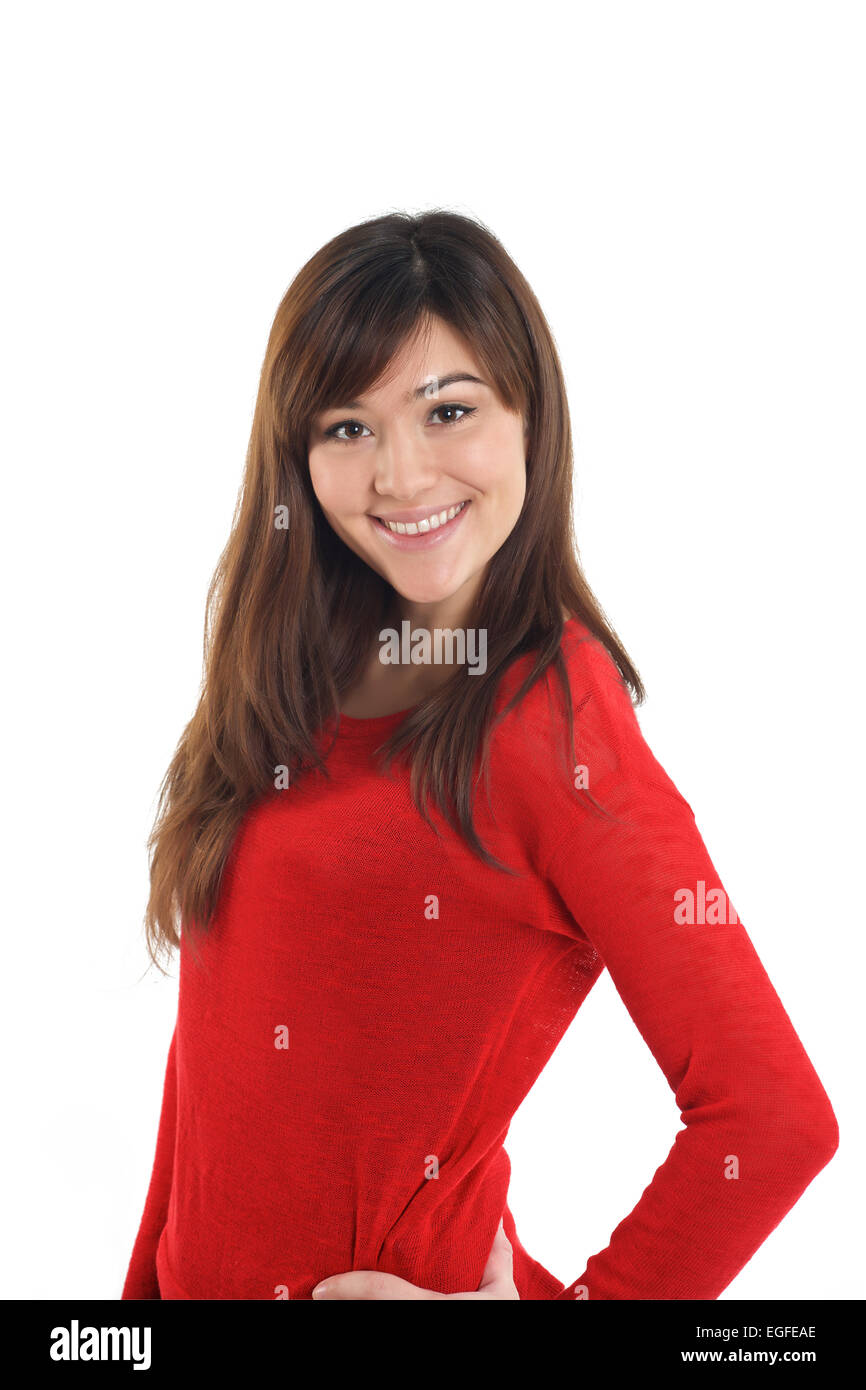 Beautiful mixed race girl in red on white background Stock Photo