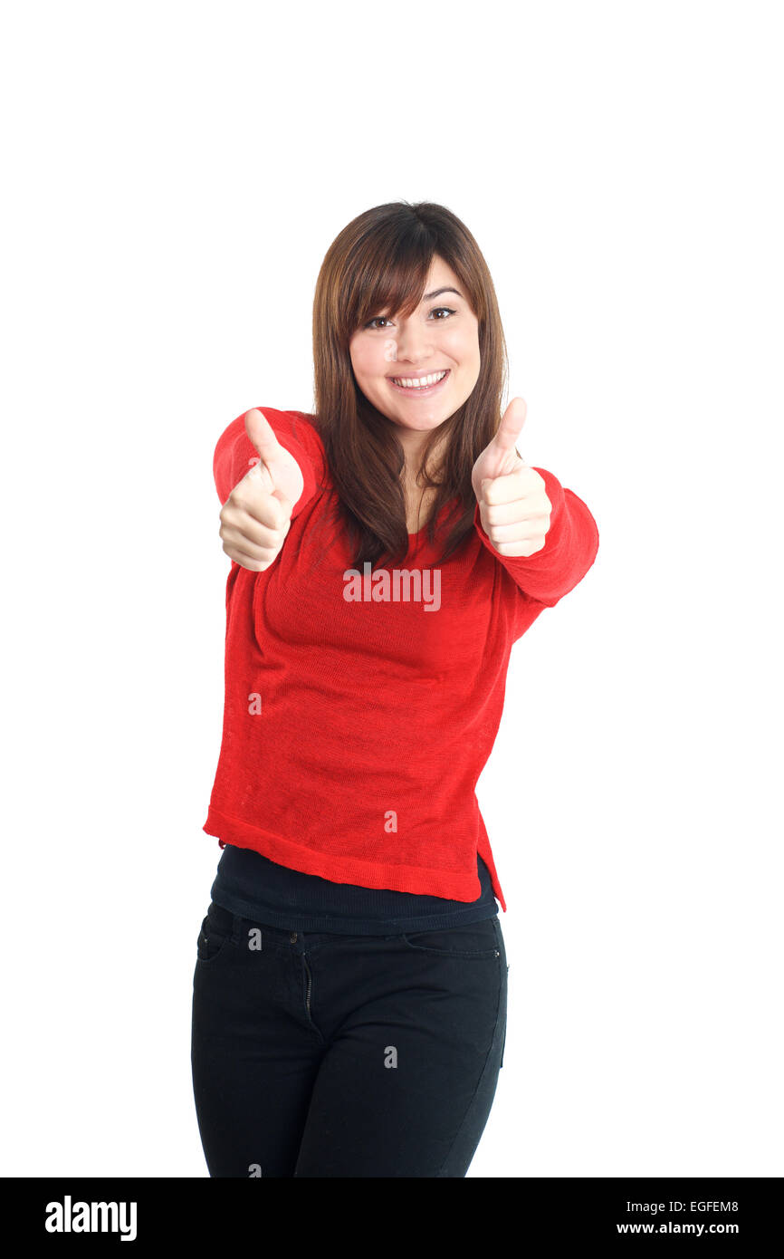 Two hands thumbs up woman in red on white background Stock Photo - Alamy