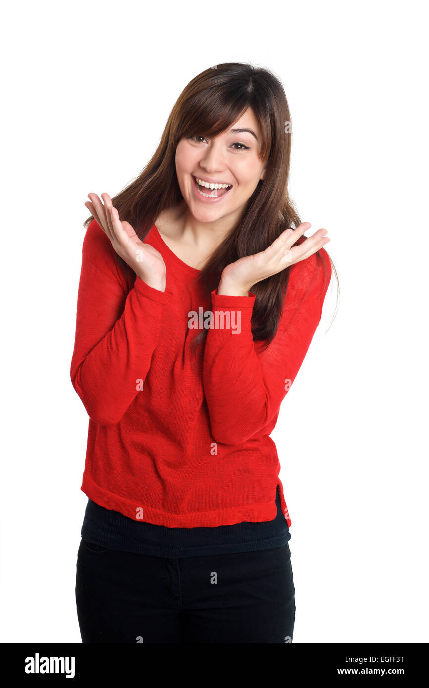 Happy surprised woman in red on white background Stock Photo - Alamy