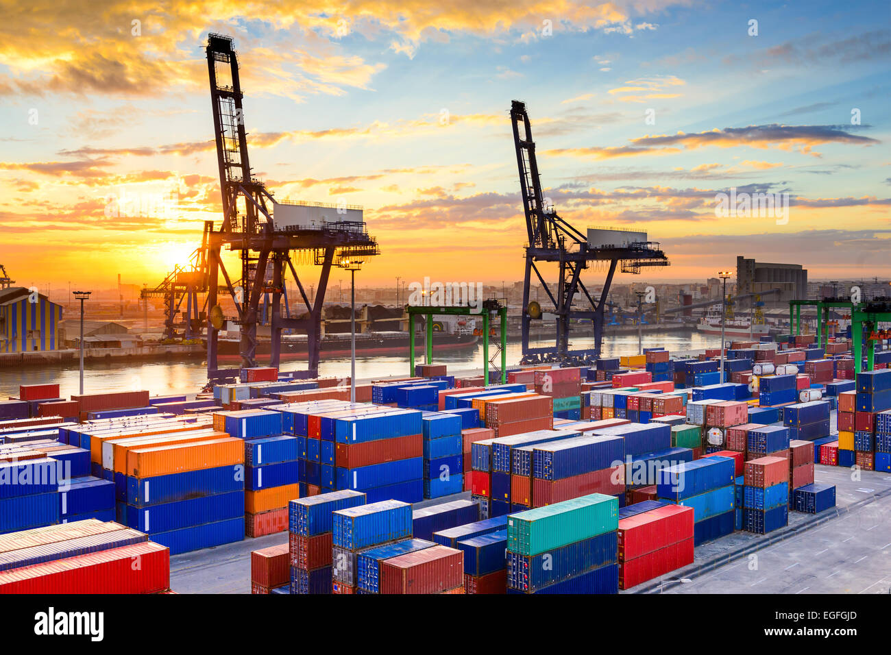 Industrial port at dawn at the Port of Casablanca, Morocco. Stock Photo
