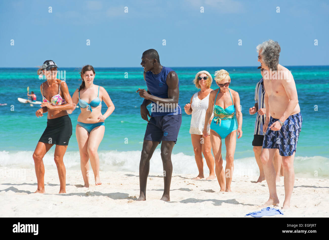 DOMINICAN REPUBLIC. Caribbean dancing and zumba on Punta Cana beach. 2015. Stock Photo