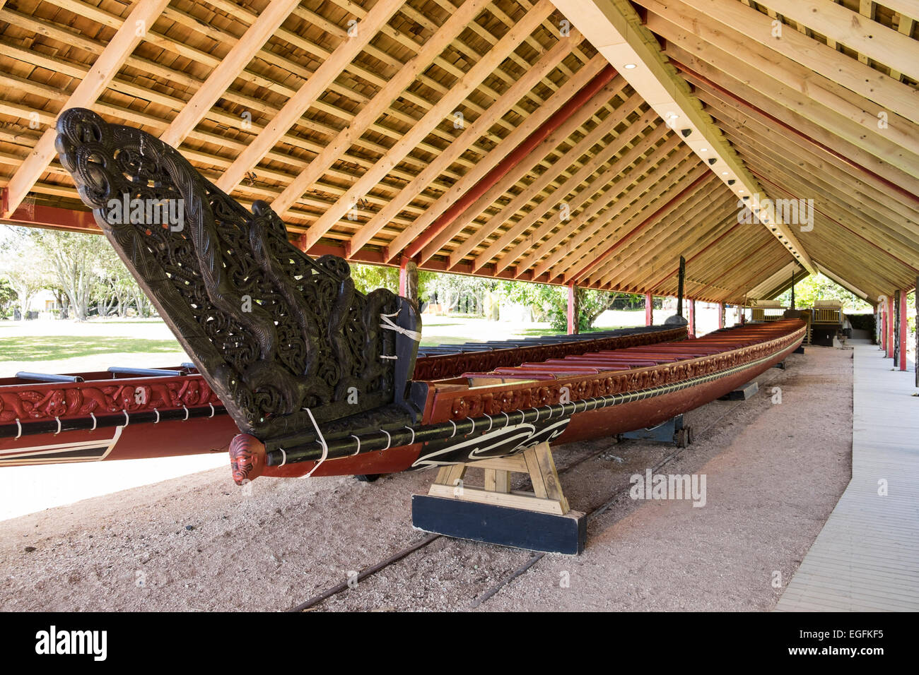 The Maori waka taua canoe at Waitangai in Northlands, New Zealand. Stock Photo