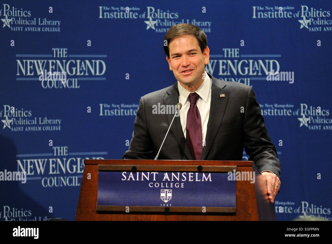 Manchester, New Hampshire, USA. 24th February, 2015. U.S. Sen. Marco Rubio speaks at the NH Institute of Politics in Manchester, NH, USA, 24 February, 2015 Credit:  Andrew Cline/Alamy Live News Stock Photo