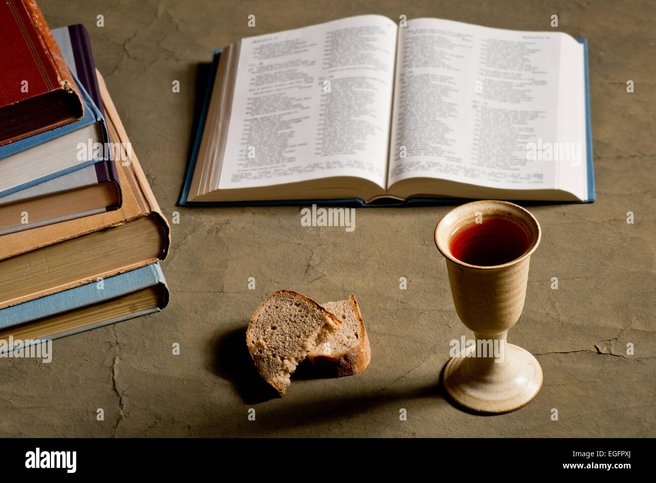 Chalice Of Wine With Bread And Bible Stock Photo Alamy