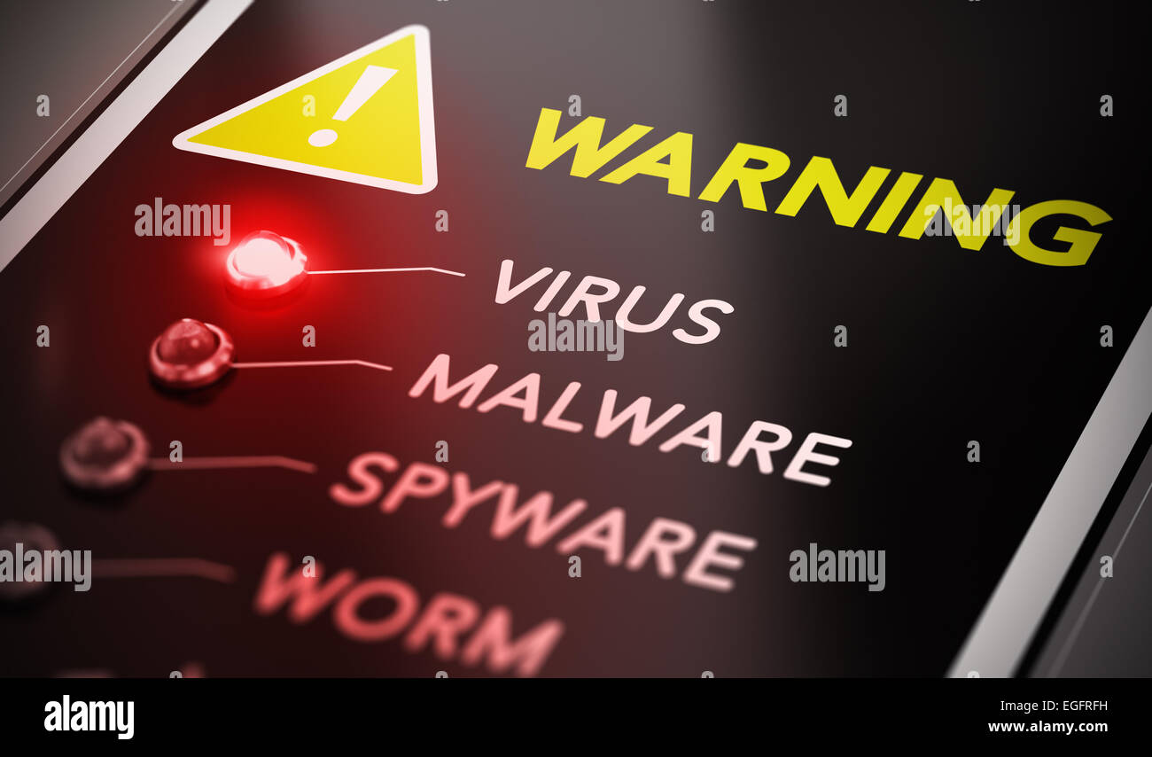 Virus attack concept. Control panel with red light and warning. Conceptual image symbol of computer infection. Stock Photo