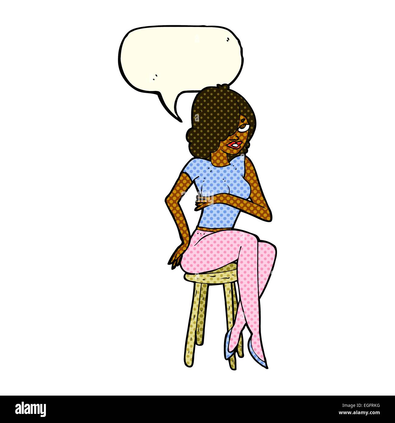 cartoon woman sitting on bar stool with speech bubble Stock Vector