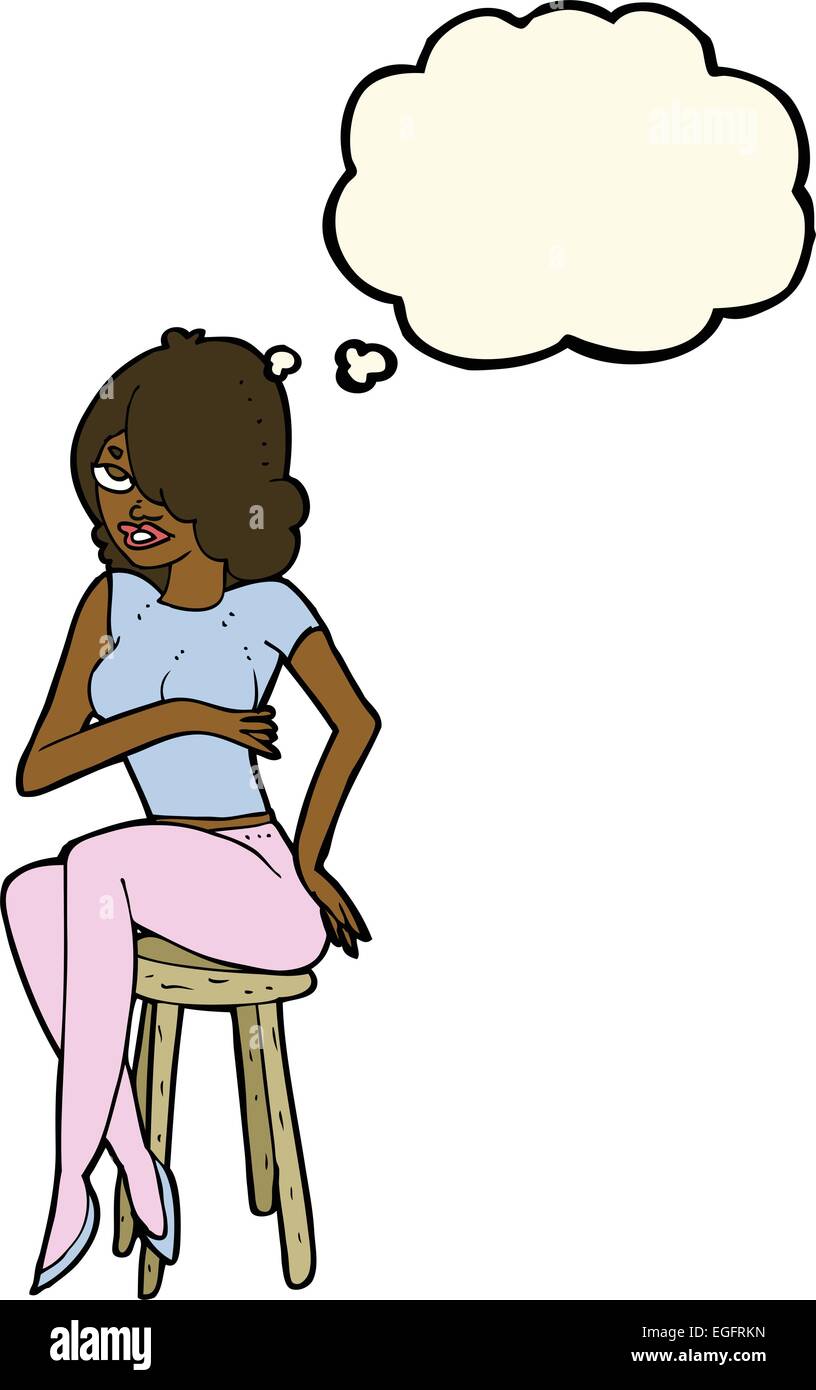 cartoon woman sitting on bar stool with thought bubble Stock Vector