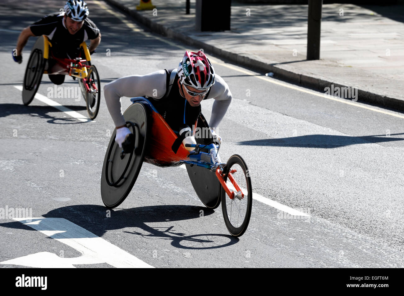 Disabled athlete taking part in the London marathon wheelchair race
