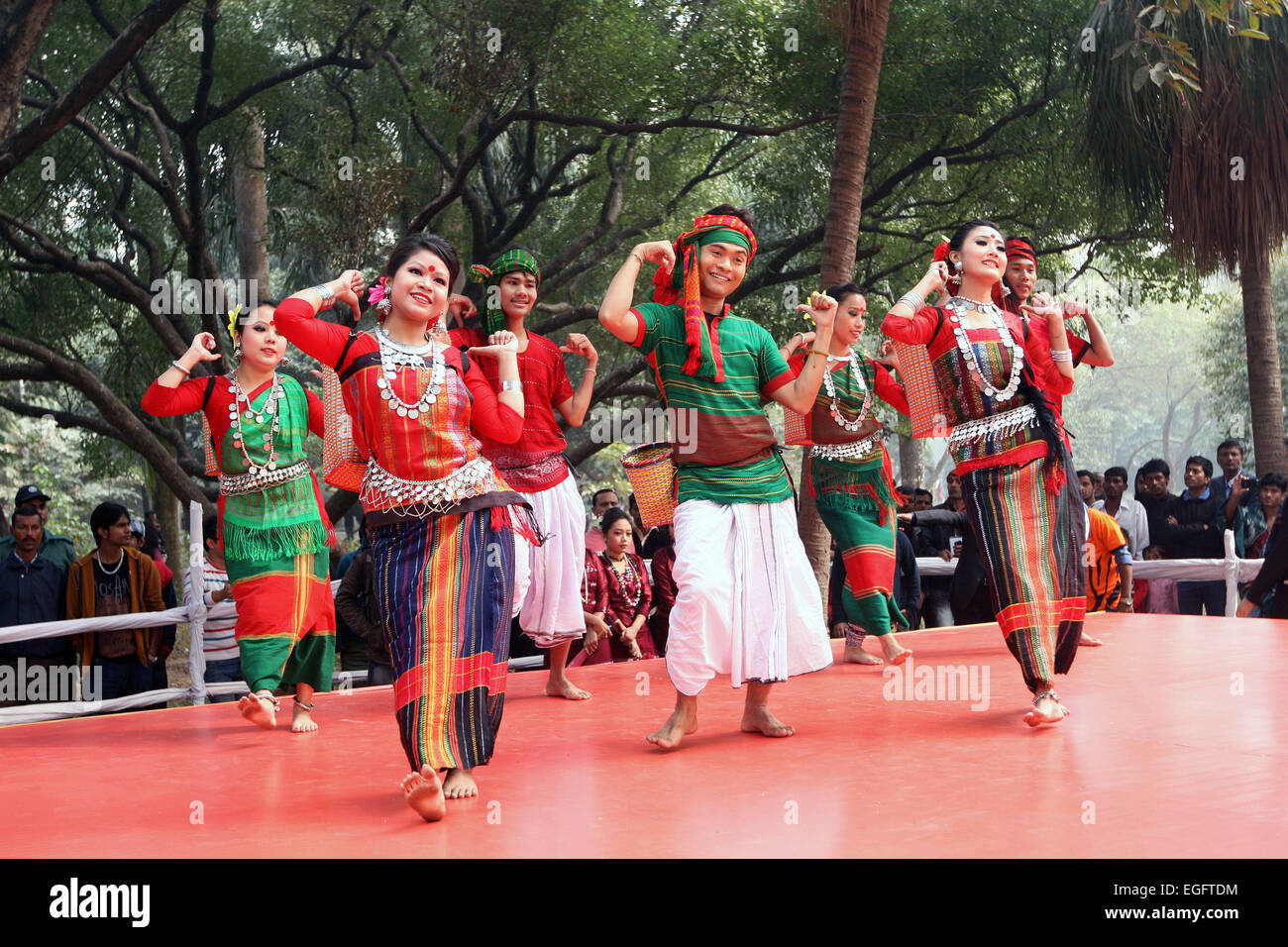 December 2014 -Tribal people presenting their traditional dance in a cultural festival in Dhaka. Stock Photo