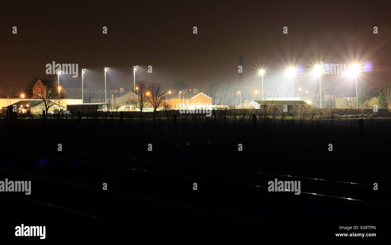 A night game at Victoria Park, the home of Burscough F.C. The date was 4th March 2014, and the result was Burscough F C 0 Curzon Stock Photo