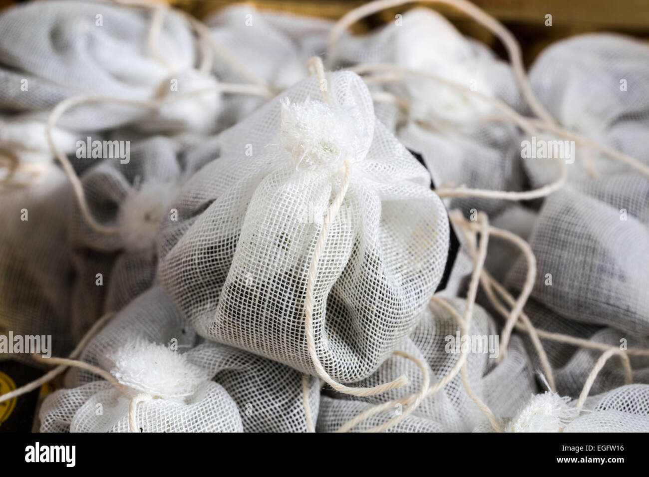 Tea bag made of fabric in a box Stock Photo Alamy