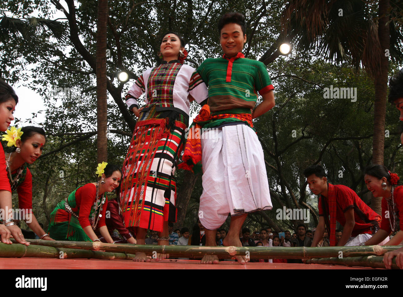 December 2014 -Tribal people presenting their traditional dance in a cultural festival in Dhaka. Stock Photo
