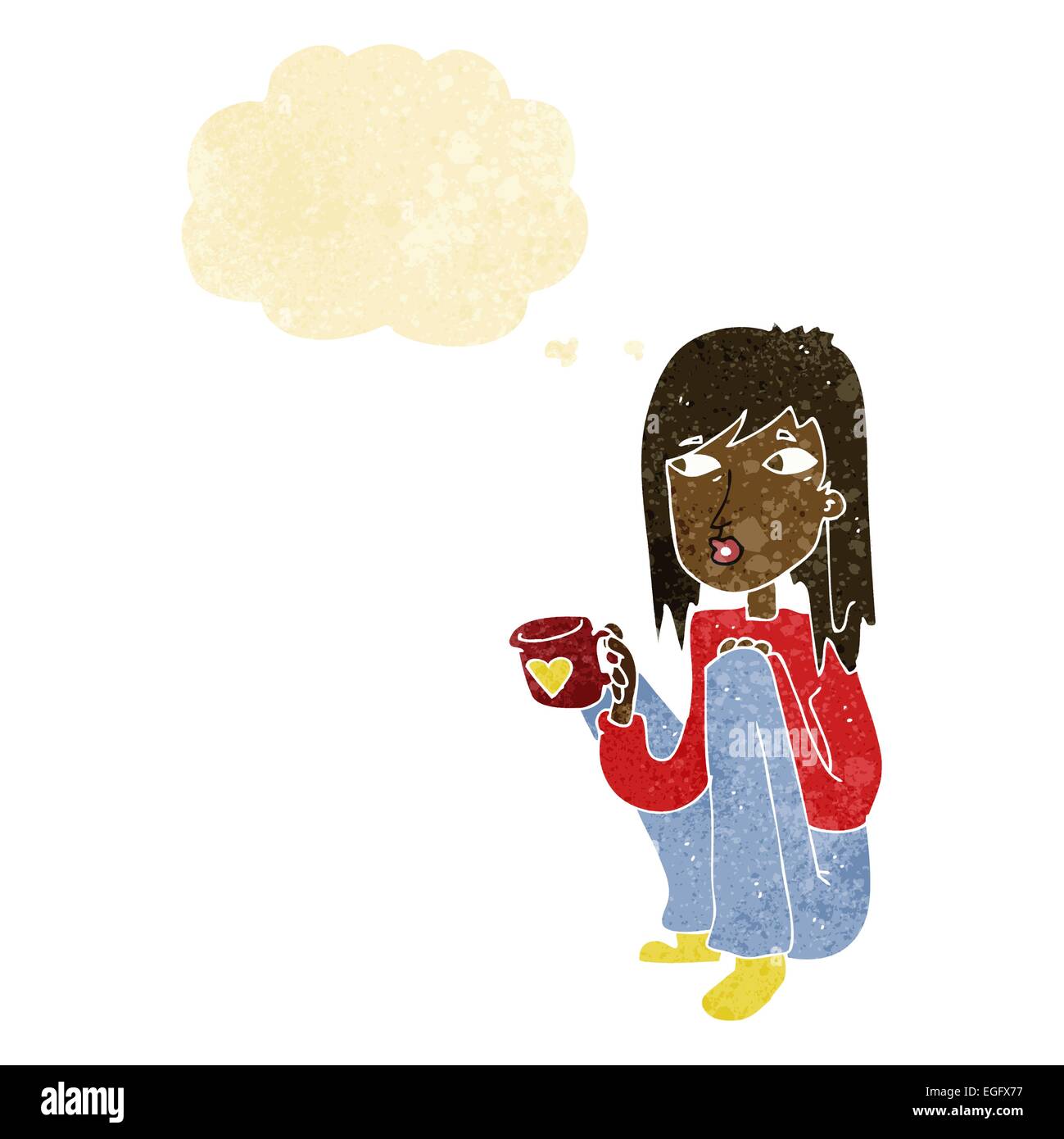 Cartoon Woman Sitting With Cup Of Coffee With Thought Bubble Stock Cartoon Woman Sitting With Cup Of Coffee With Thought Bubble Stock