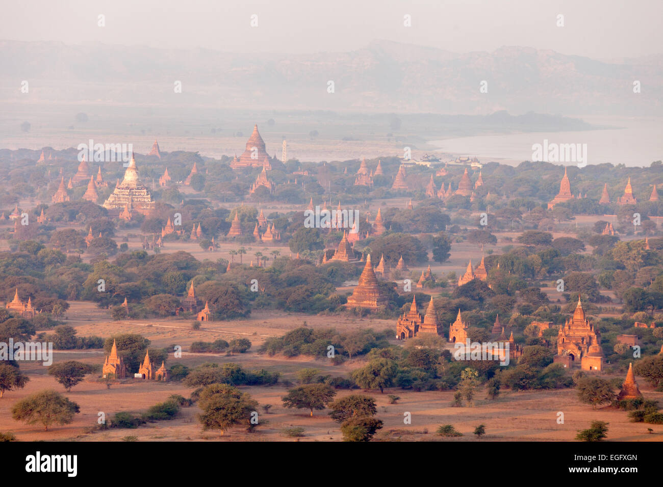 View of temples and pagodas on the Bagan Plain seen from above, Bagan, Myanmar ( Burma ), SAsia Stock Photo