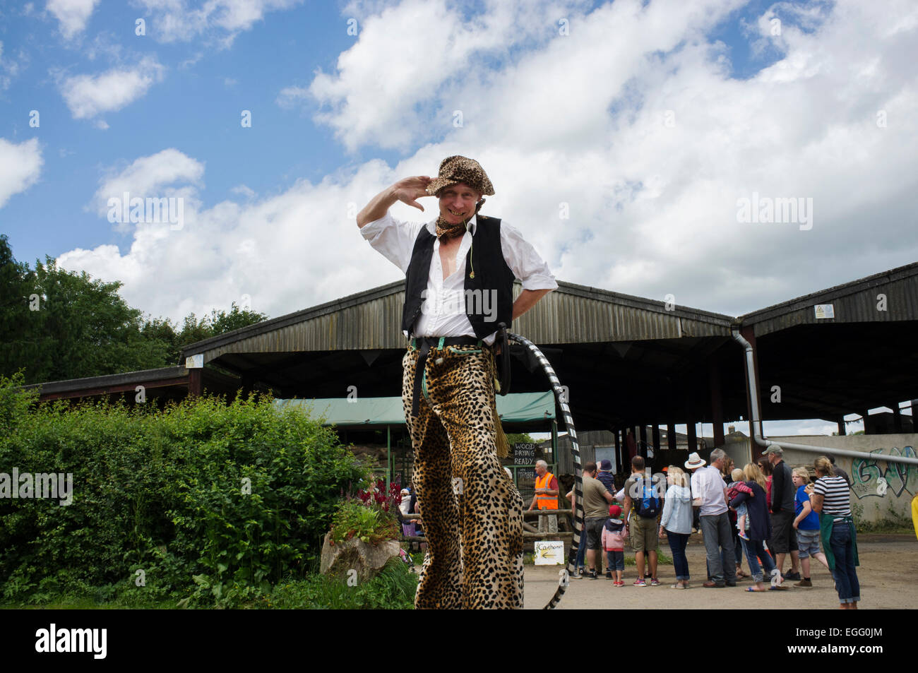 A circus performer on stilts at an open day at Abbey Home Farm in