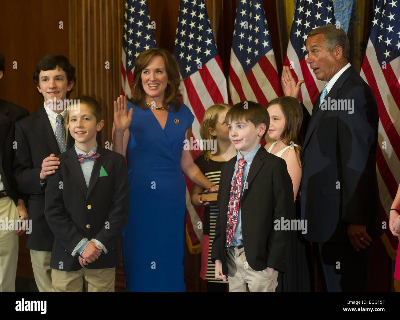 WASHINGTON,DC-JAN 6,2015:  Democrat Kathleen Rice gathers with her family for a mock  swearing in by Speaker of the House John B Stock Photo
