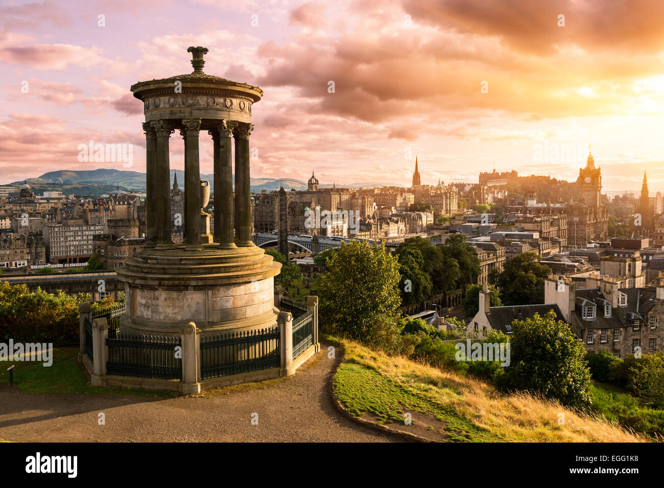 Edinburgh skyline from Calton Hill at sunset Stock Photo