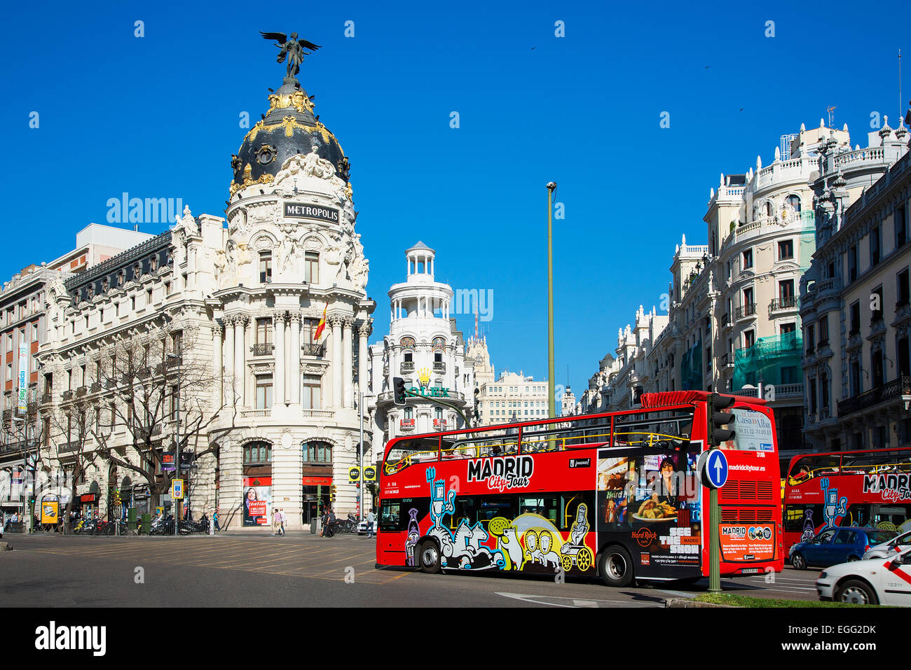 Madrid, Metropolis Building and Gran Via Stock Photo