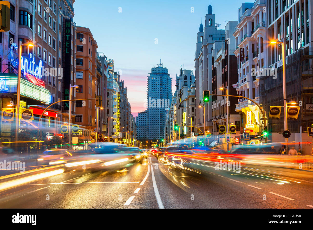 Madrid, Gran Via by night Stock Photo