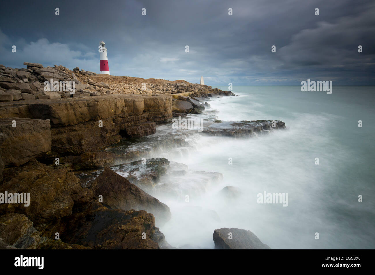 Portland Bill; Limestone Cliffs and Lighthouse Dorset; UK Stock Photo