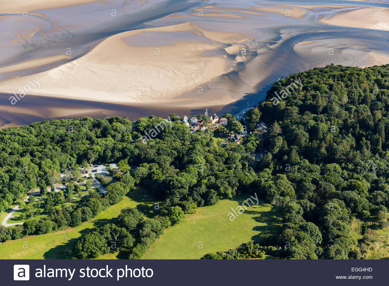 Aerial shot of Portmeirion Village and Dwyryd Estuary Stock Photo