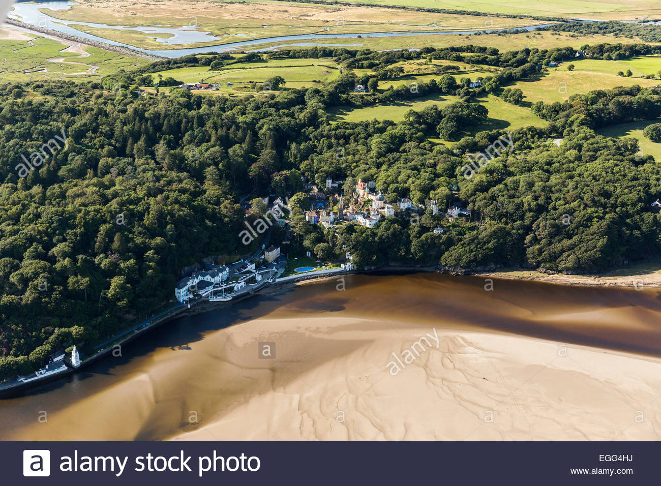 Aerial overview of Portmeirion Hotel and village, Gwynedd, North Wales Stock Photo