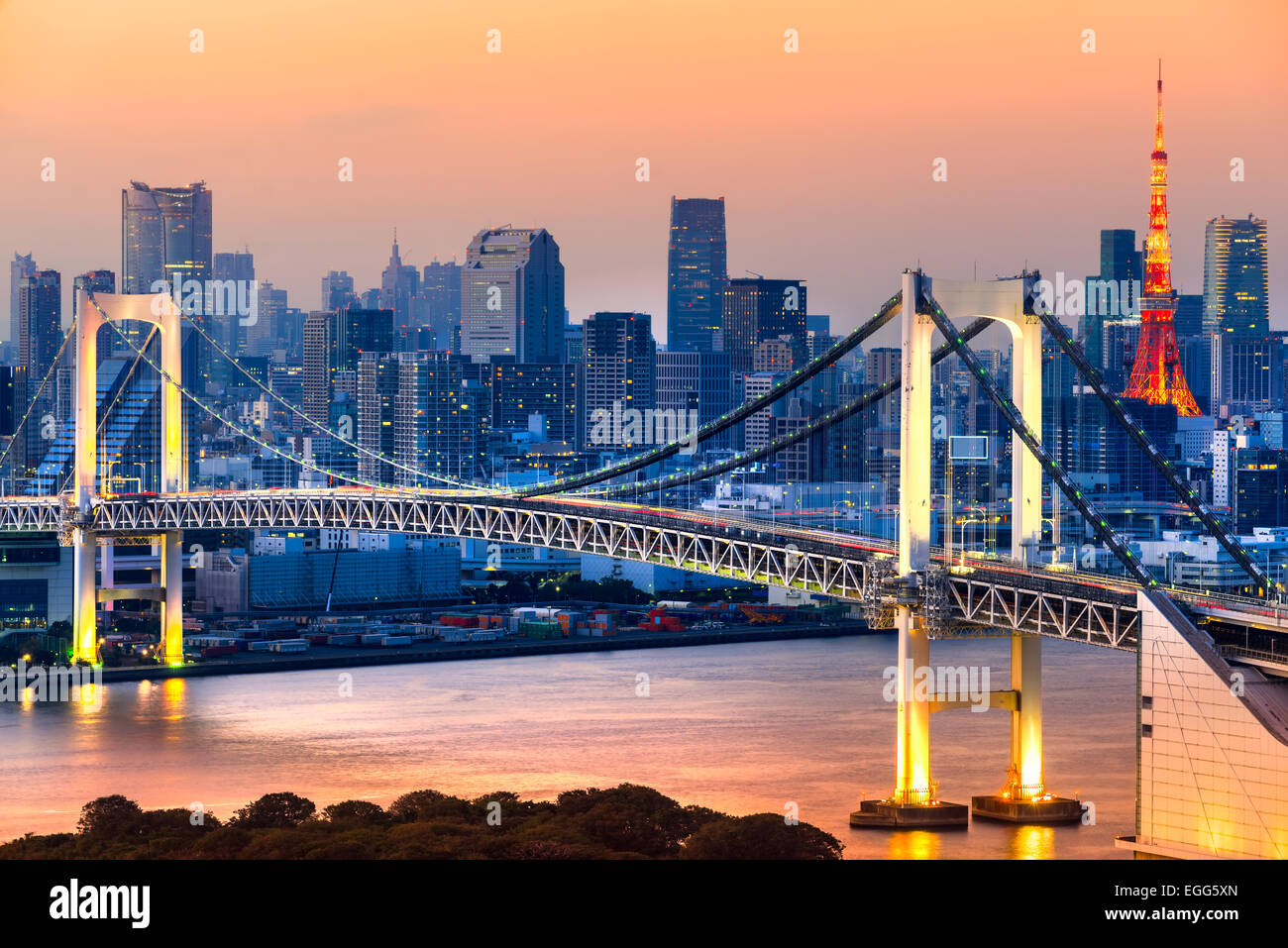 Tokyo skyline with Tokyo tower and rainbow bridge. Tokyo, Japan. Stock Photo