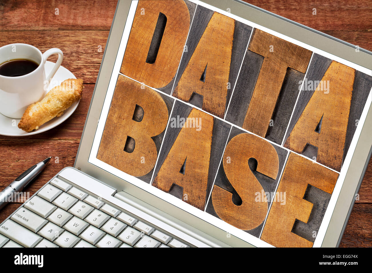 database word in wood type on a laptop screen with a cup of coffee Stock Photo